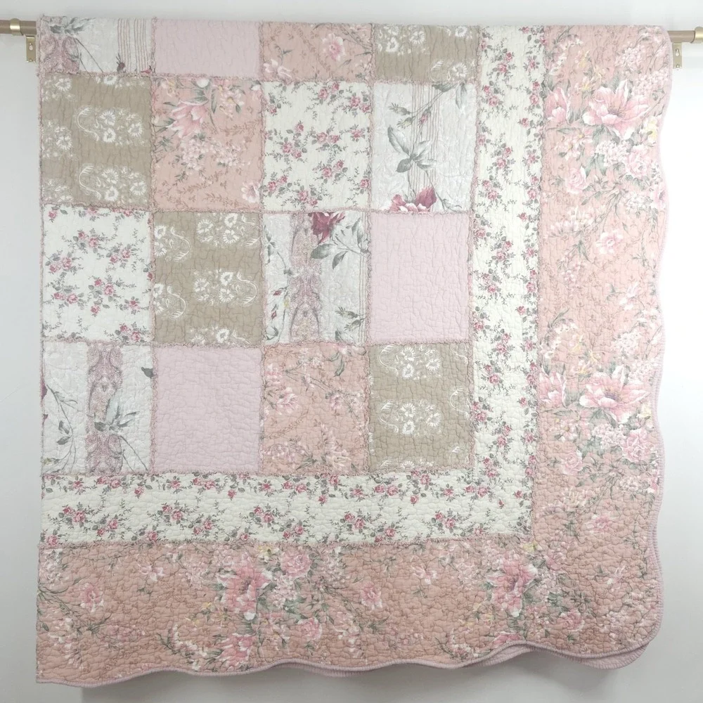 Patchwork Rag Quilt XL Queen Pink Floral Cotton Reversible Shabby Cottage 91x99
